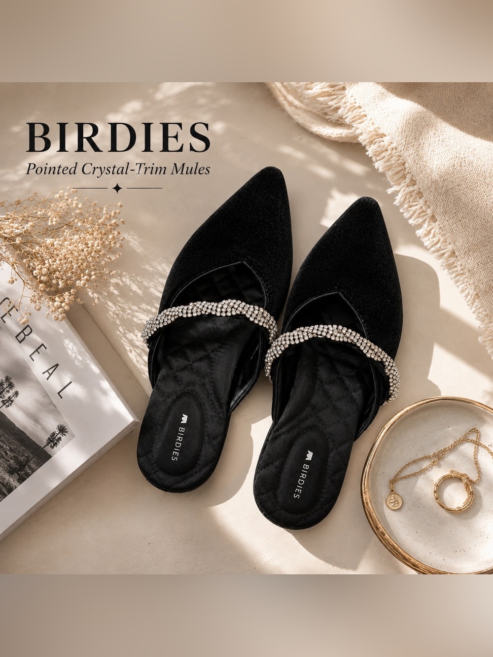 Birdies Black Pointed Crystal-Trim Mules